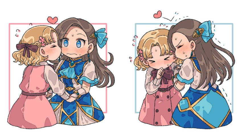 >_<, 2girls, ascot, asymmetrical_bangs, black_neckwear, black_ribbon, blonde_hair, blue_border, blue_bow, blue_dress, blue_eyes, blue_neckwear, blush, border, bow, bowtie, bracelet, braid, brooch, brown_hair, closed_mouth, commentary, cropped_torso, dress, earrings, female_focus, flower, flying_sweatdrops, frown, gloves, hair_bow, hair_flower, hair_ornament, hair_ribbon, hand_grab, heart, high_collar, holding_hands, jewelry, katarina_claes, kiss, long_sleeves, looking_at_viewer, maria_campbell, misogi_ria, multiple_girls, otome_game_no_hametsu_flag_shika_nai_akuyaku_reijou_ni_tensei_shite_shimatta, parted_bangs, pink_border, pink_dress, pink_flower, ribbon, short_sleeves, standing, sweatdrop, trembling, white_gloves, yuri