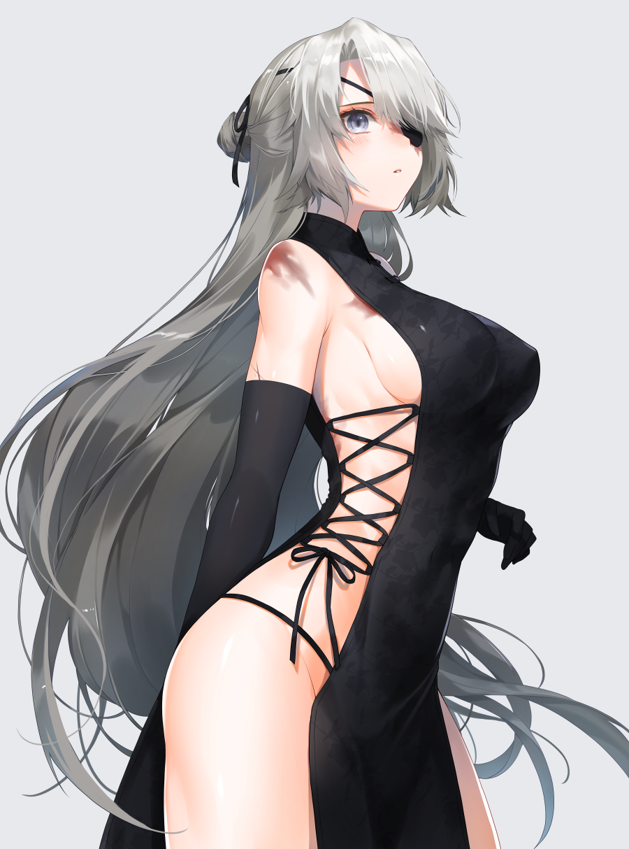 1girl, arm_behind_back, black_dress, blue_eyes, blush, breasts, burn_scar, commentary_request