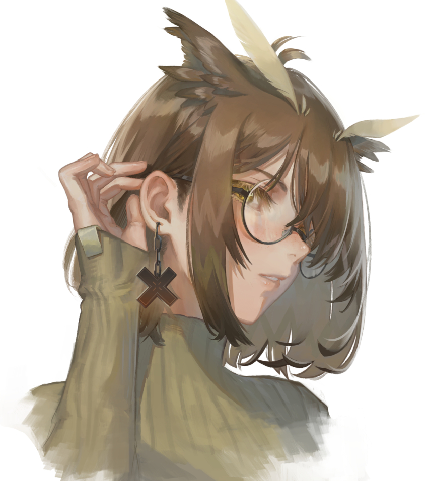1girl, adjusting_hair, arknights, black-framed_eyewear, brown_eyes, brown_hair, commentary, cropped_shoulders, duzt, ear_focus, earrings, english_commentary, eyelashes, feather_hair, feathers, female_focus, from_side, glasses, green_sweater, highres, jewelry, long_sleeves, looking_at_viewer, owl_ears, parted_lips, portrait, ribbed_sweater, semi-rimless_eyewear, short_hair, sidelocks, silence_(arknights), simple_background, sleeves_past_wrists, solo, sweater, swept_bangs, under-rim_eyewear, white_background