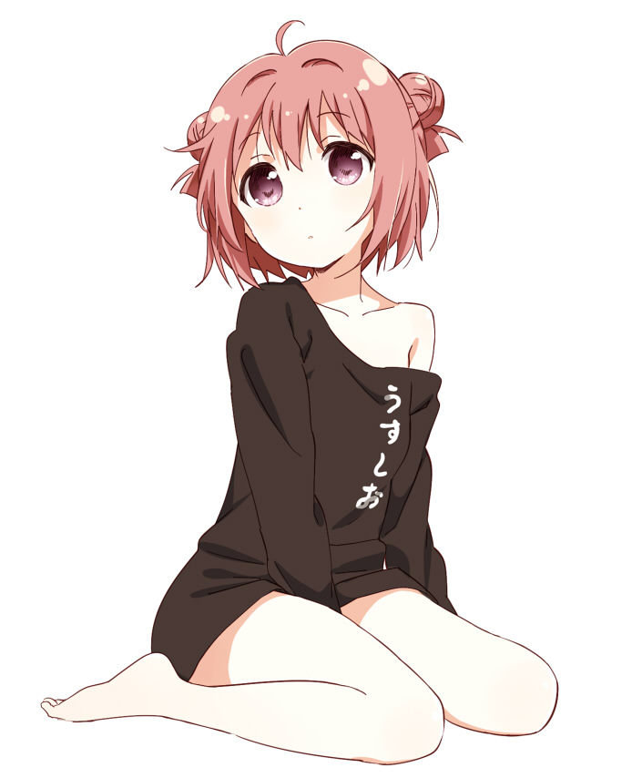 1girl, ahoge, akaza_akari, bare_legs, barefoot, between_legs, black_shirt, boots