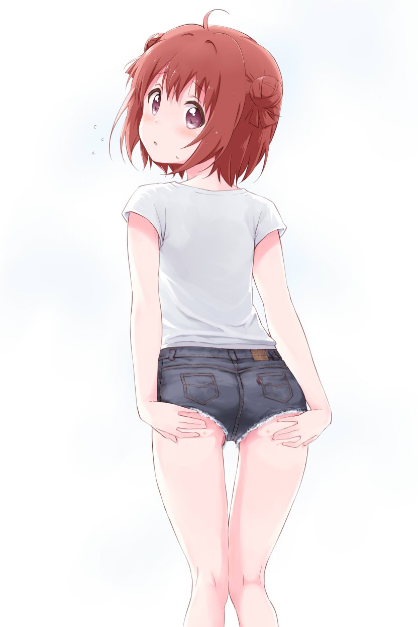 1girl, ahoge, akaza_akari, ass, commentary_request, denim, denim_shorts, double_bun, female_focus, flat_ass, hair_bun, highres, looking_at_viewer, looking_back, purple_eyes, red_hair, shikou_sakugo_(qqap9gt9k), shirt, short_hair, short_shorts, short_sleeves, shorts, solo, sweatdrop, t-shirt, thighs, white_background, white_shirt, yuruyuri