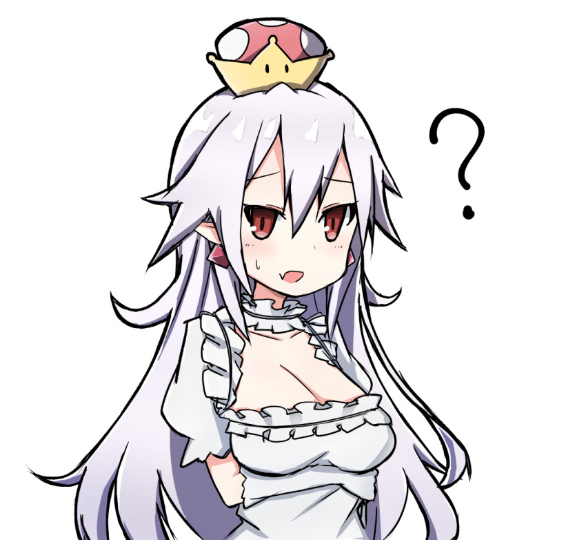 1girl, ?, arm_under_breasts, breasts, cleavage, dress, earrings, fang, female_focus, gloves, jewelry, long_hair, luigi's_mansion, mario_(series), medium_breasts, new_super_mario_bros._u_deluxe, nintendo, open_mouth, pale_skin, princess_king_boo, red_eyes, short_sleeves, sidelocks, simple_background, skin_fang, solo, super_crown, sweatdrop, toro_th, upper_body, white_background, white_dress, white_gloves, white_hair