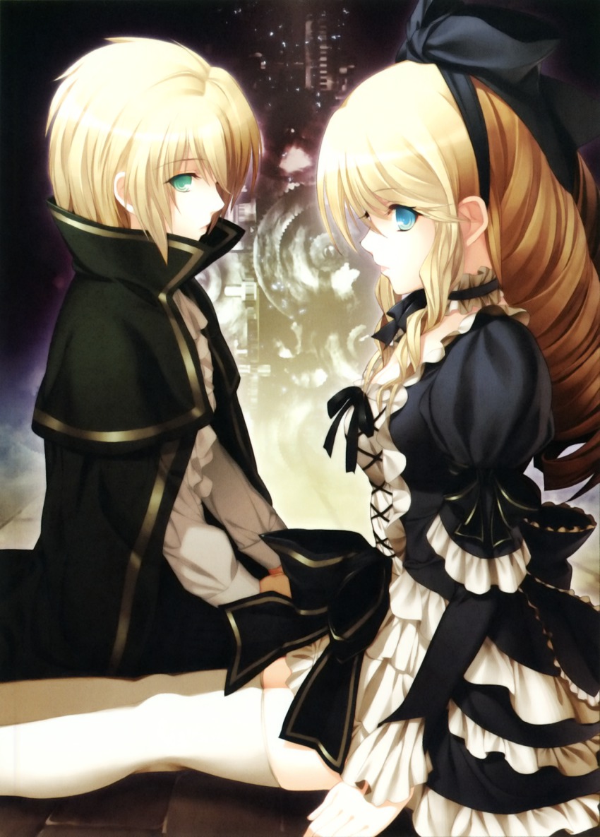 blonde_hair, blue_eyes, fora, gekkou_no_carnevale, gothic_lolita, green_eyes, highres, lolita_fashion, long_hair, novela, oosaki_shin'ya, short_hair, thighhighs