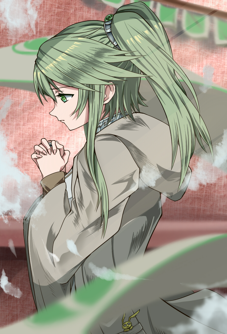 1girl, blurry, blurry_foreground, brown_coat, coat, collar, commentary_request, cowboy_shot