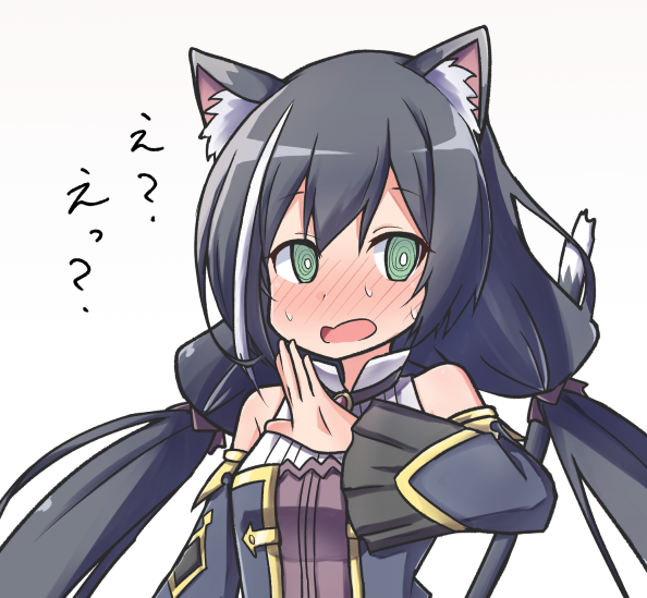 1girl, @_@, animal_ear_fluff, animal_ears, bare_shoulders, black_hair, blush, cat_ears