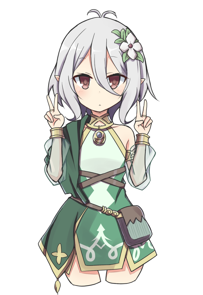 1girl, antenna_hair, arms_up, belt_pouch, collared_dress, commentary_request, double_v, dress