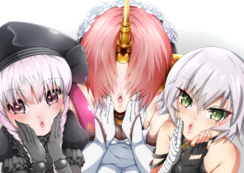 3girls, bandages, bare_shoulders, black_gloves, breasts, cleavage, commentary, fate/grand_order