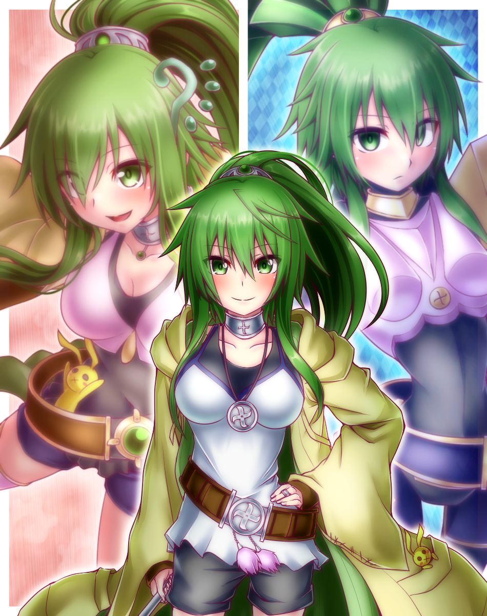 3girls, :d, argyle_background, argyle_clothes, belt, black_bodysuit, black_shorts, blue_background