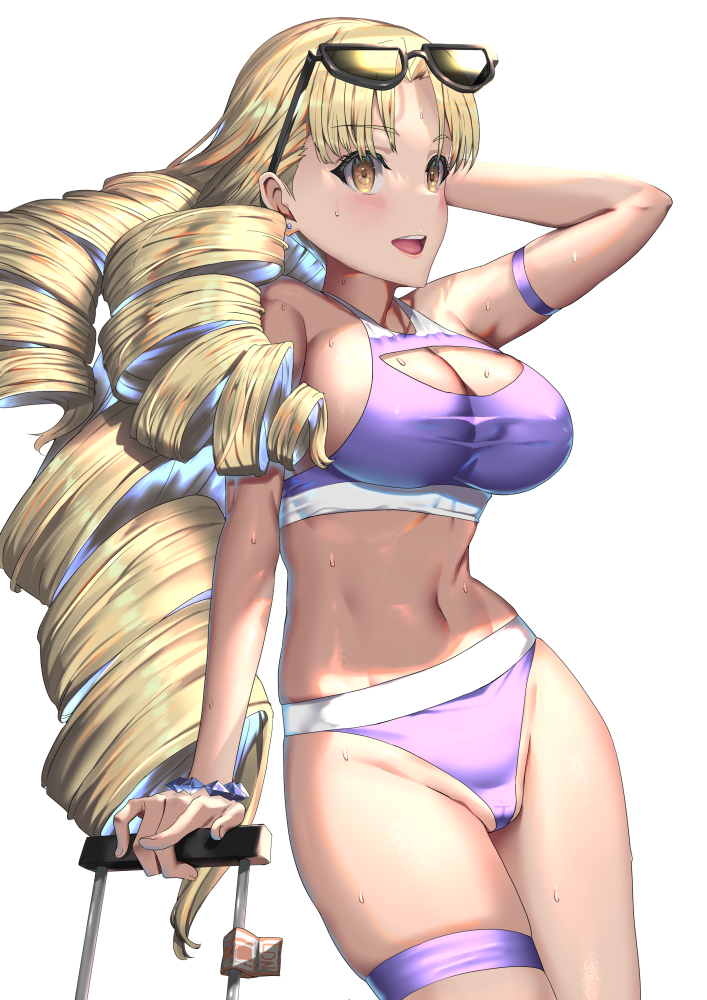 1girl, arm_behind_head, arm_up, bare_shoulders, bikini, blonde_hair, blush, breasts