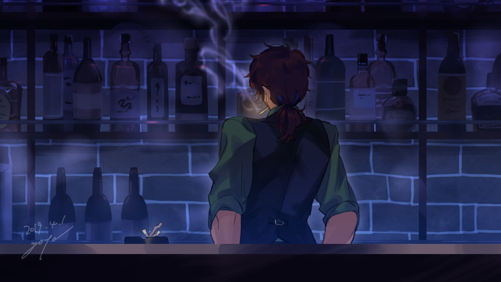 1boy, alcohol, back, bar_(place), bartender, bottle, brown_hair, cigarette
