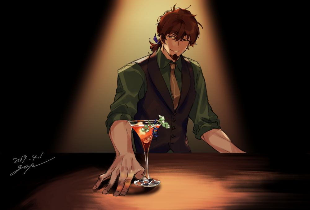 1boy, alcohol, alternate_costume, bar_(place), bartender, black_background, bottle, brown_eyes