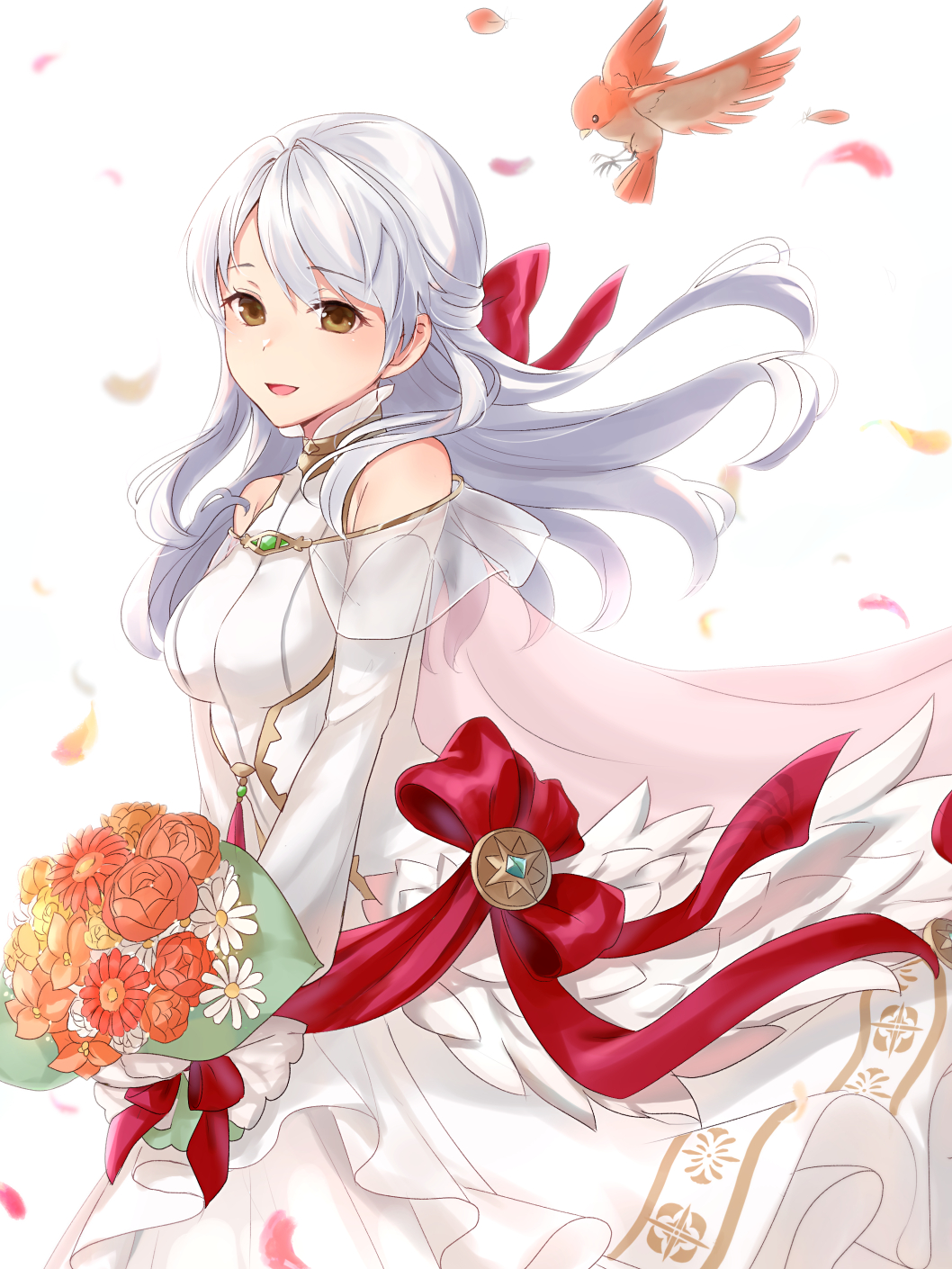1girl, bird, bouquet, bride, dress, female_focus, fire_emblem, fire_emblem:_radiant_dawn