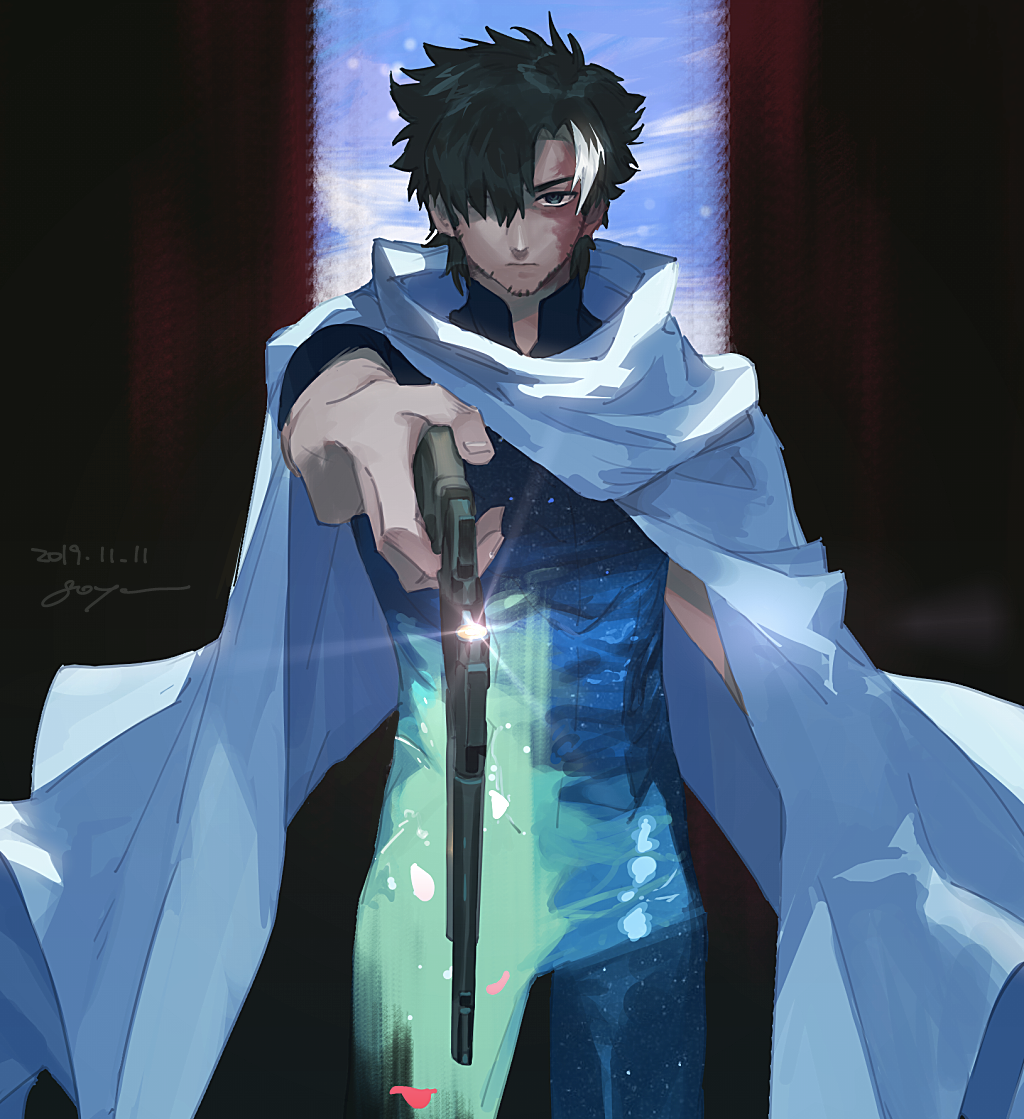 1boy, black_eyes, black_hair, cape, cowboy_shot, curtains, dark-skinned_male, dark_skin