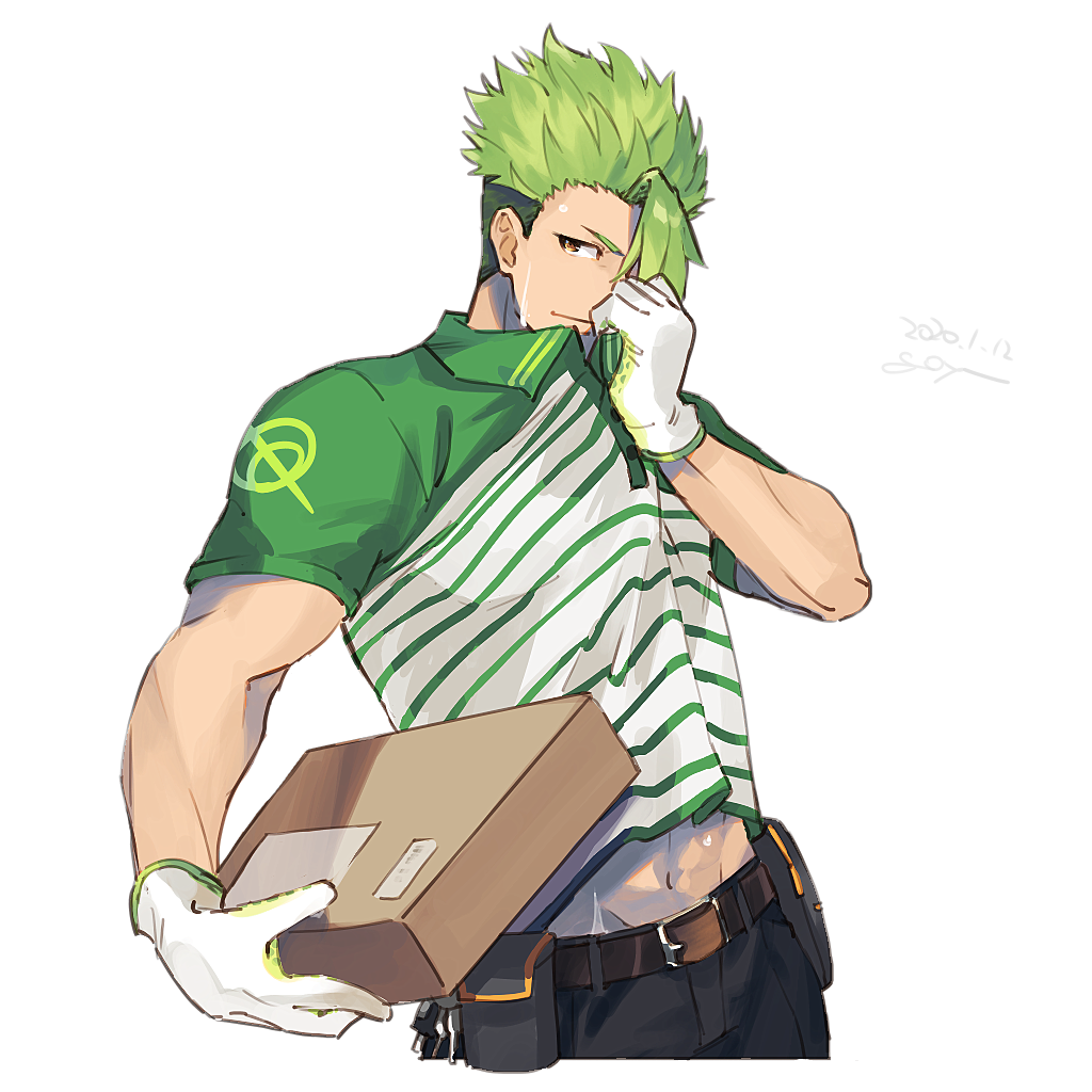 1boy, abs, achilles_(fate), alternate_costume, belt, box, cardboard_box, clothes_lift