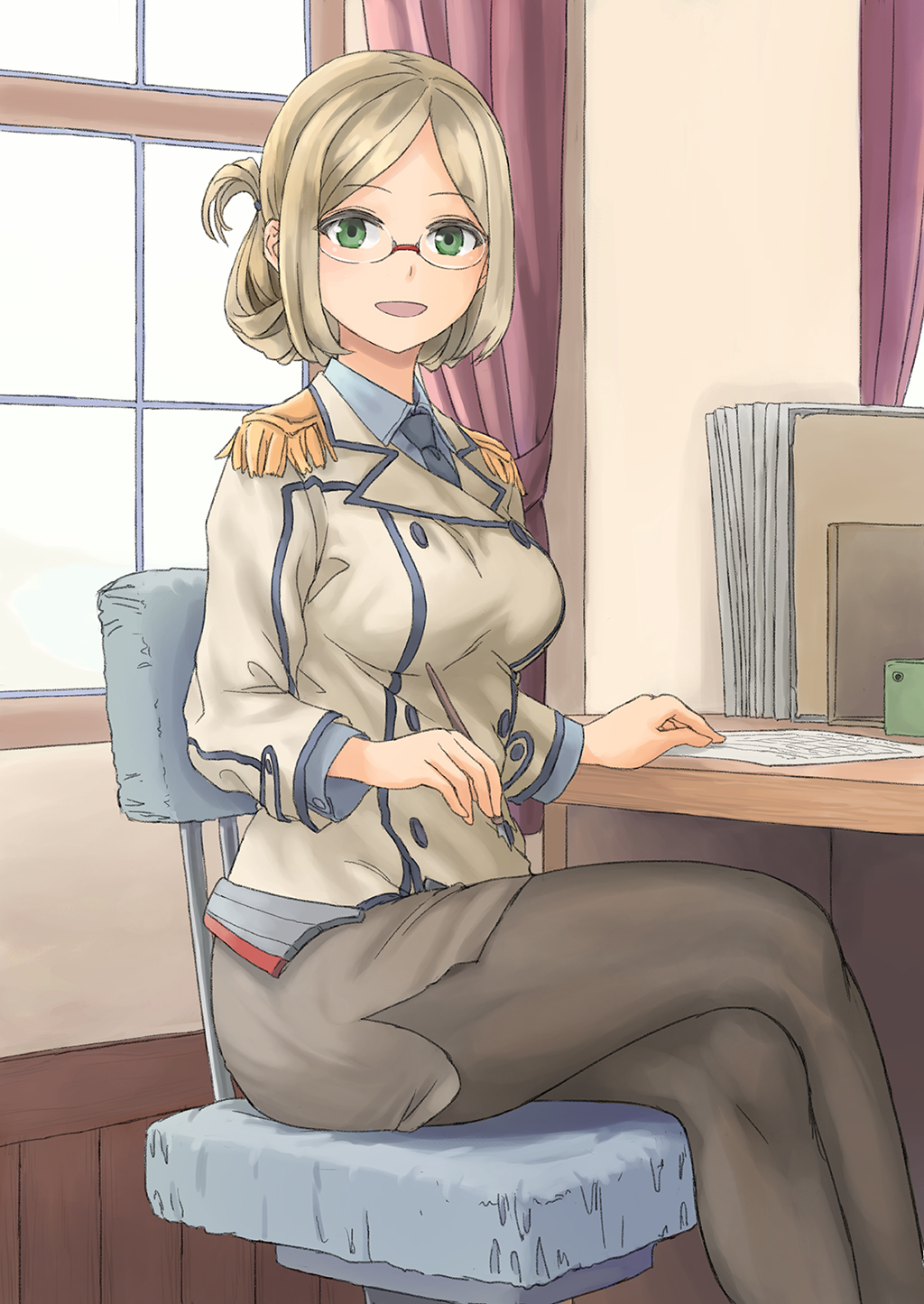 1girl, buttons, chair, collared_shirt, commentary_request, crossed_legs, desk, double-breasted