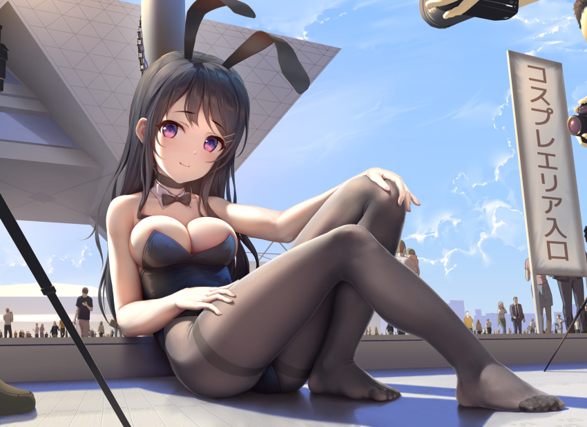 1girl, animal_ears, bare_arms, bare_shoulders, black_bow, black_hair, black_leotard, black_neckwear, black_pantyhose, blue_sky, blush, bow, bowtie, breasts, camera, chain, chained, cleavage, closed_mouth, collarbone, commentary_request, crowd, day, detached_collar, fake_animal_ears, full_body, hair_ornament, hairclip, highres, himitsu_(hi_mi_tsu_2), large_breasts, leotard, long_hair, looking_at_viewer, multiple_others, no_shoes, on_ground, outdoors, pantyhose, photographer, playboy_bunny, purple_eyes, rabbit_ears, sakurajima_mai, seishun_buta_yarou, sign, sitting, sky, smile, solo_focus, strapless, strapless_leotard, taking_picture, thighband_pantyhose, tokyo_big_sight, translation_request, very_long_hair