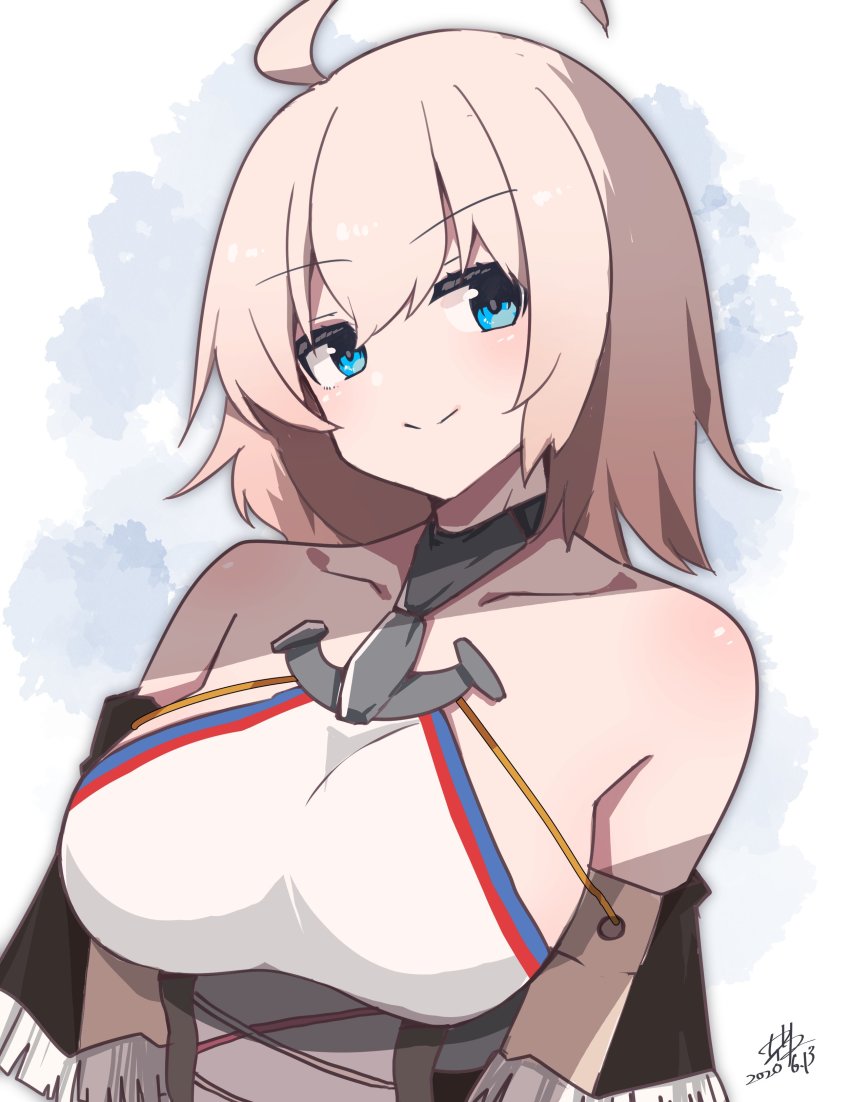 1girl, absurdres, ahoge, azur_lane, bare_shoulders, blonde_hair, blue_background, blue_eyes