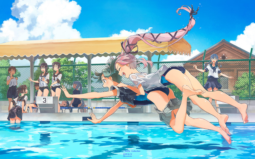 6+girls, ayanami_(kancolle), barefoot, black_hair, black_one-piece_swimsuit, black_sailor_collar, black_shirt, black_skirt