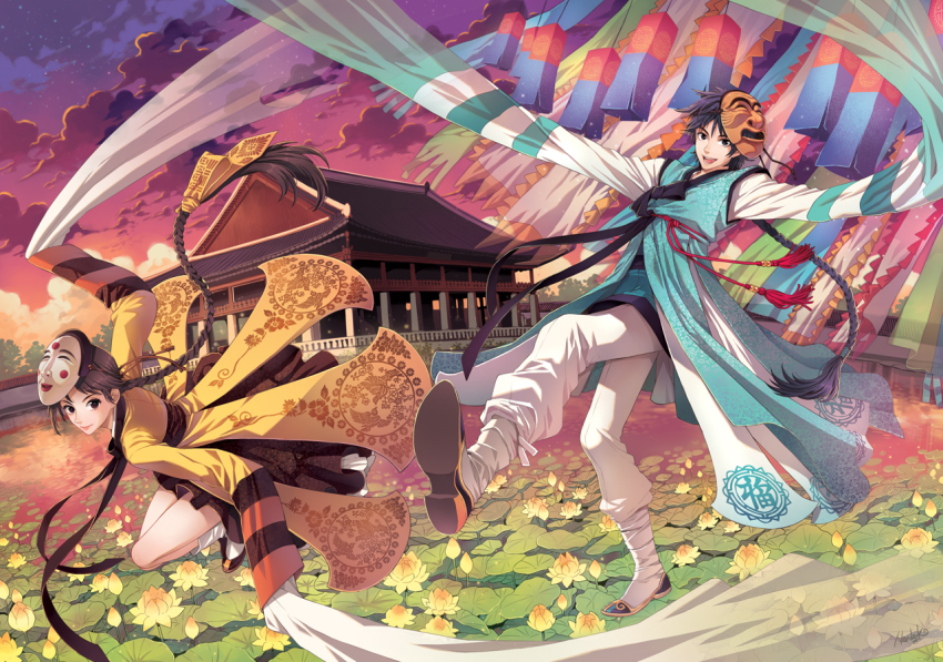 1boy, 1girl, architecture, bad_id, bad_pixiv_id, beoseon, black_hair, braid, brown_hair, cloud, danghye, east_asian_architecture, floating_hair, flower, hair_floating_upwards, korea, korean_clothes, long_hair, long_sleeves, mask, nardack, original, pond, single_braid, sky, sleeves_over_hands, sleeves_past_wrists, star_(symbol), temple, twilight