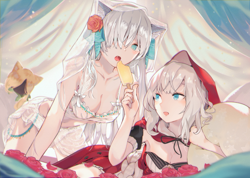 2girls, all_fours, anastasia_(fate), animal_ear_fluff, animal_ears, bare_shoulders, beads, bikini