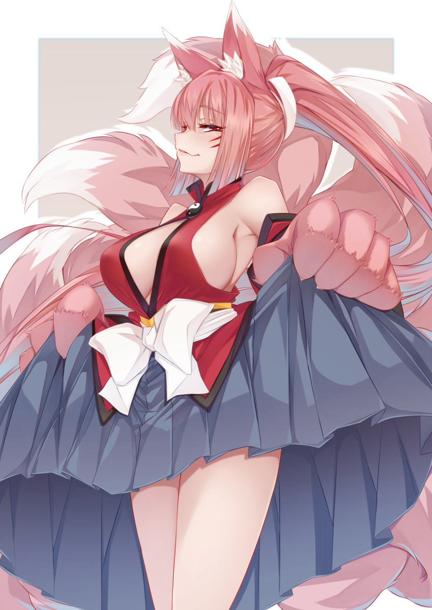 1girl, animal_ears, armor, bare_shoulders, blue_skirt, blush, border, bow, breasts, cleavage, commentary_request, facial_mark, female_focus, fox_ears, fox_girl, fox_tail, grey_background, high_ponytail, highres, holding_own_skirt, japanese_clothes, kimono, large_bow, large_breasts, long_hair, long_skirt, momendoufu, mon-musu_quest!, multiple_tails, outside_border, oversized_limbs, parted_lips, pink_hair, pleated_skirt, ponytail, red_eyes, red_kimono, sidelocks, simple_background, skirt, smile, solo, tail, very_long_hair, whisker_markings, white_border, white_bow, yao_(mon-musu_quest!), yin_yang