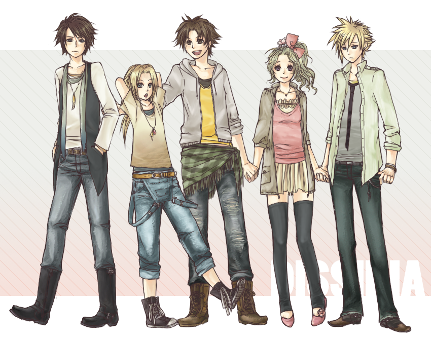 00s, 1990s_(style), 1girl, 4boys, alternate_costume, ankle_boots, armor87, bad_id, bad_pixiv_id, belt, blonde_hair, blue_eyes, boots, bracelet, brown_hair, bartz_klauser, casual, cloud_strife, contemporary, denim, dissidia_final_fantasy, dress, final_fantasy, final_fantasy_ix, final_fantasy_v, final_fantasy_vi, final_fantasy_vii, final_fantasy_viii, hair_ribbon, jacket, jeans, jewelry, long_hair, multiple_boys, necklace, necktie, open_clothes, open_jacket, open_shirt, pants, pendant, ponytail, ribbon, shirt, shoes, short_dress, short_hair, smile, spiked_hair, squall_leonhart, standing, thighhighs, tina_branford, torn_clothes, torn_jeans, torn_pants, vest, zettai_ryouiki, zidane_tribal