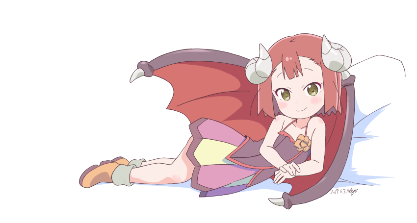 1girl, blush_stickers, brown_eyes, camisole, commentary, demon_wings, endro!, female_focus