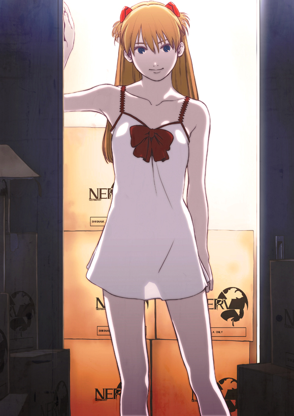 00s, 1girl, against_wall, arm_at_side, backlighting, bare_shoulders, blue_eyes, bow, box, breasts, cardboard_box, character_name, chemise, closed_mouth, collarbone, dark, doorway, dress, emblem, evangelion:_2.0_you_can_(not)_advance, female_focus, hair_between_eyes, hair_ornament, hand_up, headgear, indoors, lace, lamp, legs_apart, light_smile, long_hair, looking_at_viewer, neon_genesis_evangelion, nerv, orange_hair, parted_bangs, rebuild_of_evangelion, red_bow, red_hair, see-through_silhouette, short_dress, silhouette, small_breasts, smile, solo, souryuu_asuka_langley, standing, tanaka_hirotaka, two_side_up, walk-in, white_dress