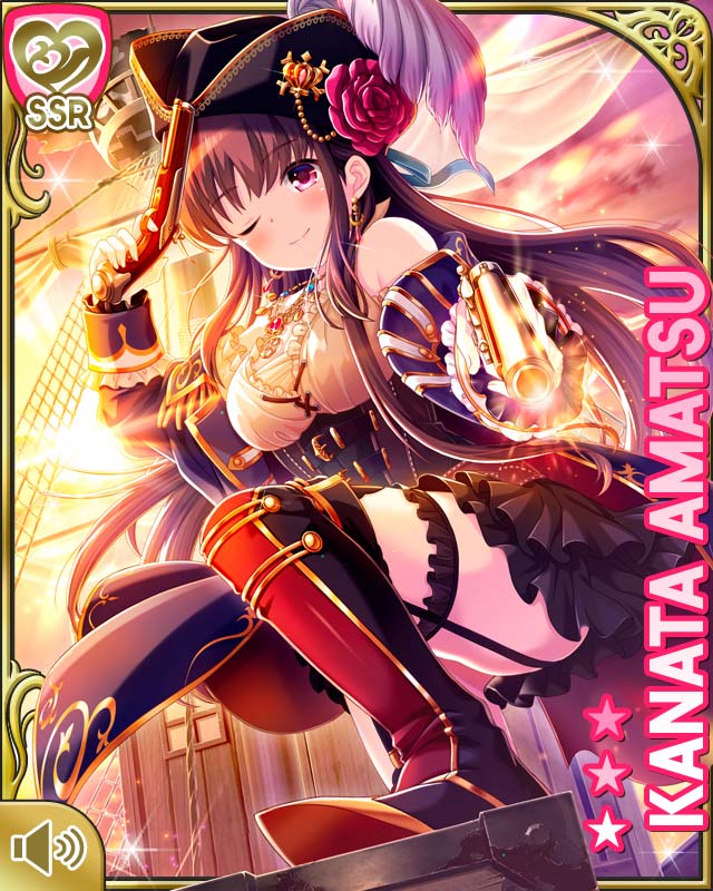 1girl, amatsu_kanata, belt, black_skirt, blue_jacket, breasts, brown_hair, card