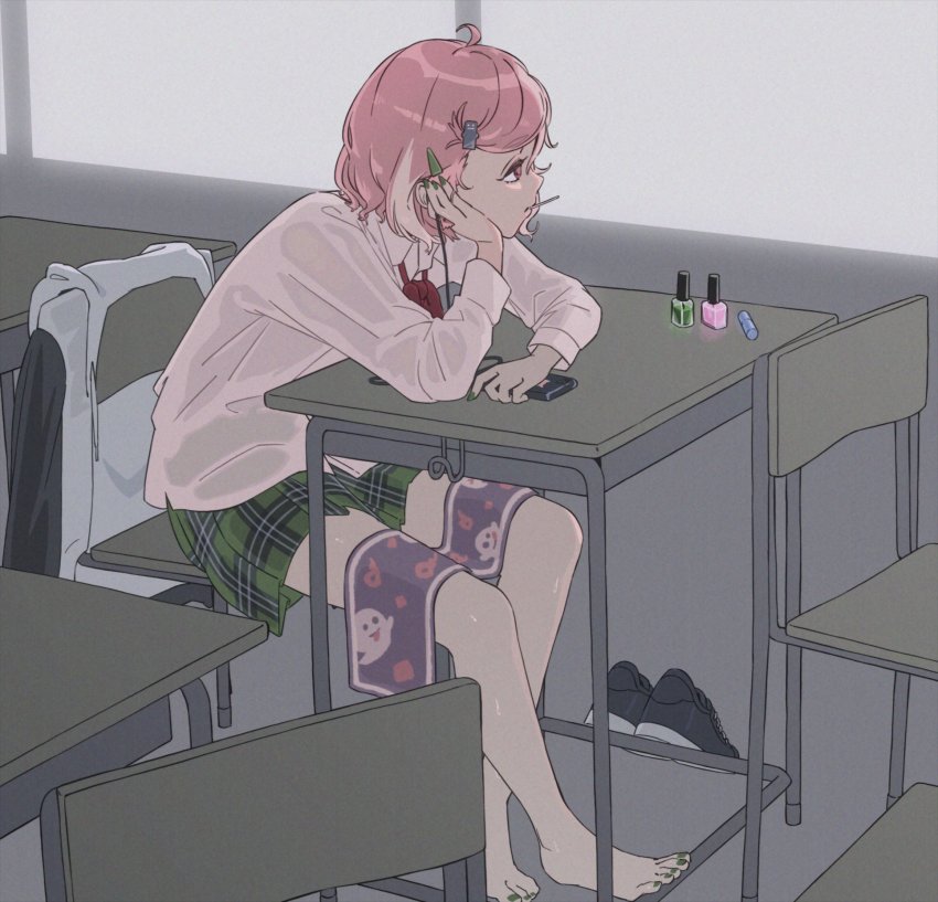 1girl, ahoge, averting_eyes, barefoot, black_shoes, candy, cellphone, chair