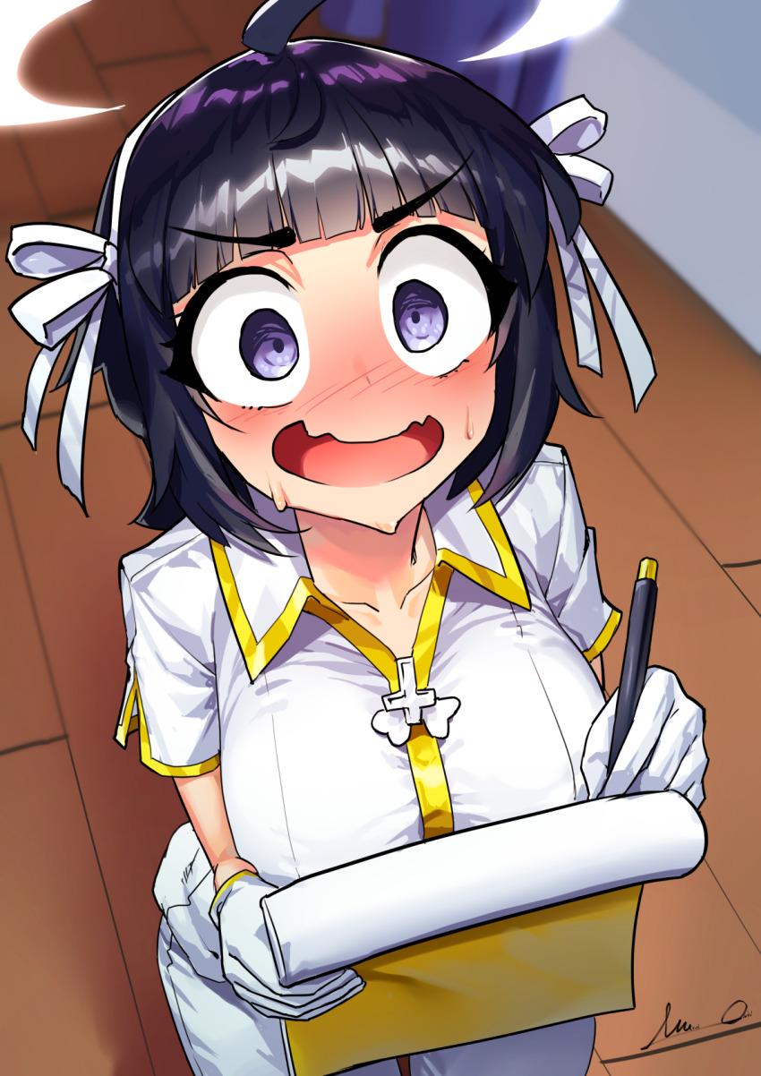 1girl, ahoge, angel, azazel_(helltaker), black_hair, blue_eyes, blunt_bangs, blush