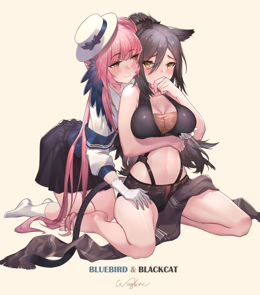 2girls, absurdres, animal_ears, arknights, artist_name, bare_arms, bare_legs, bare_shoulders