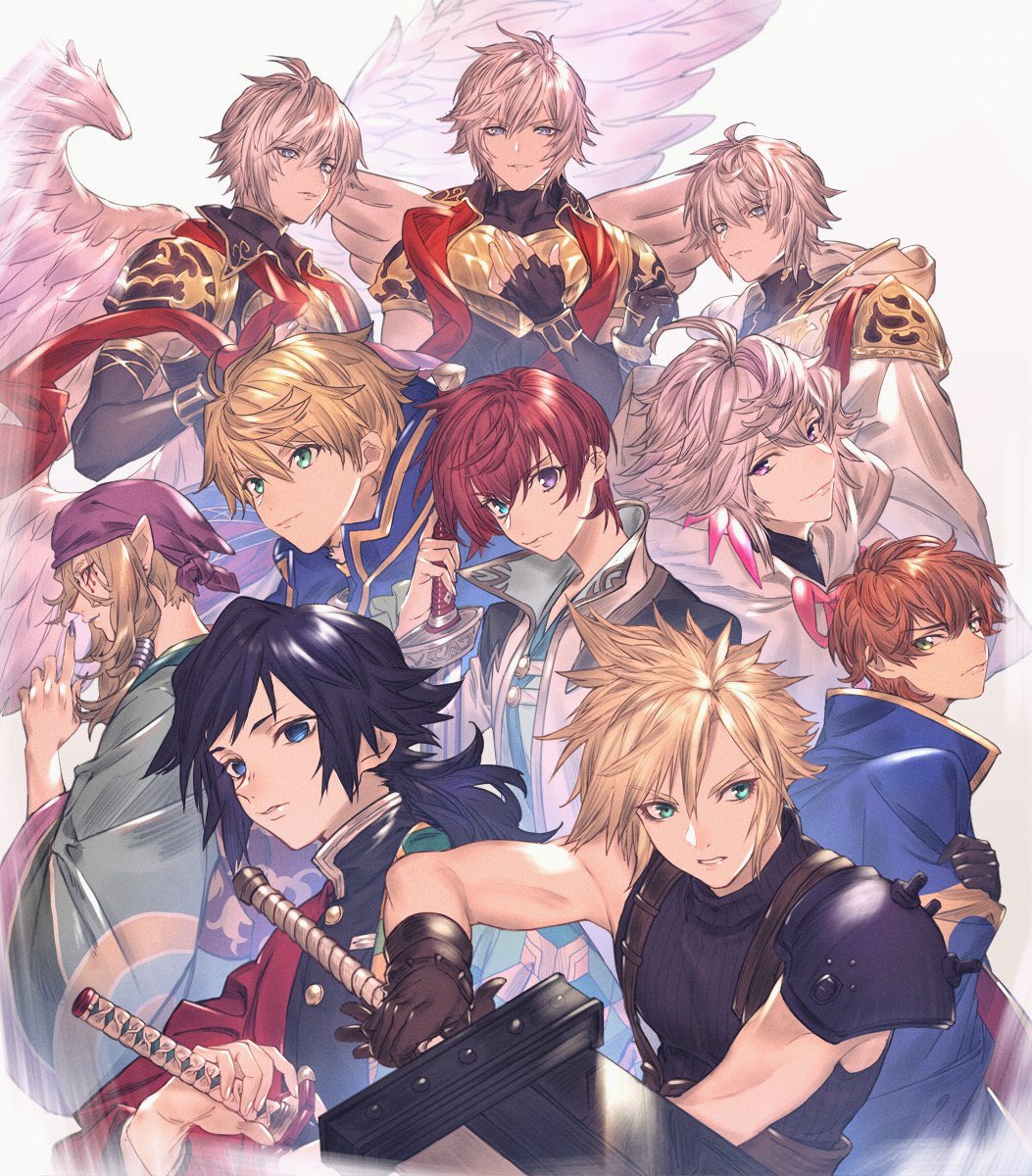 6+boys, ahoge, arthur_pendragon_(fate), asbel_lhant, black_hair, blonde_hair, blue_eyes, brown_hair, buster_sword, closed_mouth, cloud_strife, code_geass, crossover, fate/grand_order, fate/prototype, fate_(series), final_fantasy, final_fantasy_vii, gloves, granblue_fantasy, green_eyes, hair_between_eyes, haori, heterochromia, highres, holding, holding_weapon, jacket, japanese_clothes, katana, kimetsu_no_yaiba, kururugi_suzaku, kusuriuri_(mononoke), long_hair, long_sleeves, looking_at_viewer, lucifer_(shingeki_no_bahamut), lucilius_(granblue_fantasy), lucio_(granblue_fantasy), male_focus, merlin_(fate), mononoke, multicolored_hair, multiple_boys, purple_eyes, robe, sachico66, sakurai_takahiro, shingeki_no_bahamut, short_hair, smile, spiked_hair, sword, tales_of_(series), tales_of_graces, tomioka_giyuu, voice_actor_connection, voice_actor_tribute, weapon, white_hair