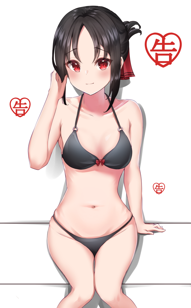 1girl, bad_id, bad_pixiv_id, bikini, black_bikini, black_hair, breasts, collarbone