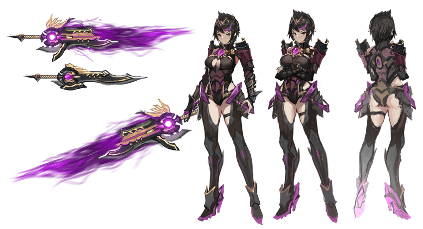 1girl, armor, ass, black_hair, breasts, chest_jewel, cleavage, cleavage_cutout, clothing_cutout, crossed_arms, genderswap, genderswap_(mtf), high_heels, highres, holding, holding_sword, holding_weapon, leotard, malos_(xenoblade), monado, multicolored_hair, multiple_views, nintendo, purple_hair, reisun001, short_hair, streaked_hair, sword, tiara, weapon, xenoblade_chronicles_(series), xenoblade_chronicles_2