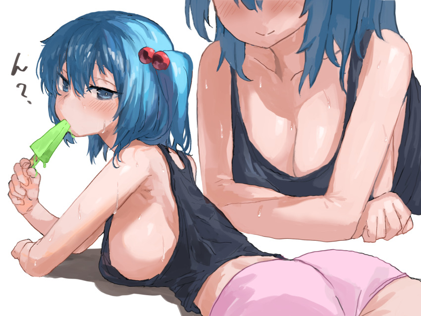 1girl, alternate_costume, ass, bare_arms, bare_shoulders, blue_eyes, blue_hair, breasts, cleavage, eating, food, hair_bobbles, hair_ornament, kawashiro_nitori, large_breasts, long_hair, looking_at_viewer, lying, megame_(okbnkn), multiple_views, on_stomach, popsicle, sideboob, simple_background, sweat, tank_top, touhou, two_side_up, white_background