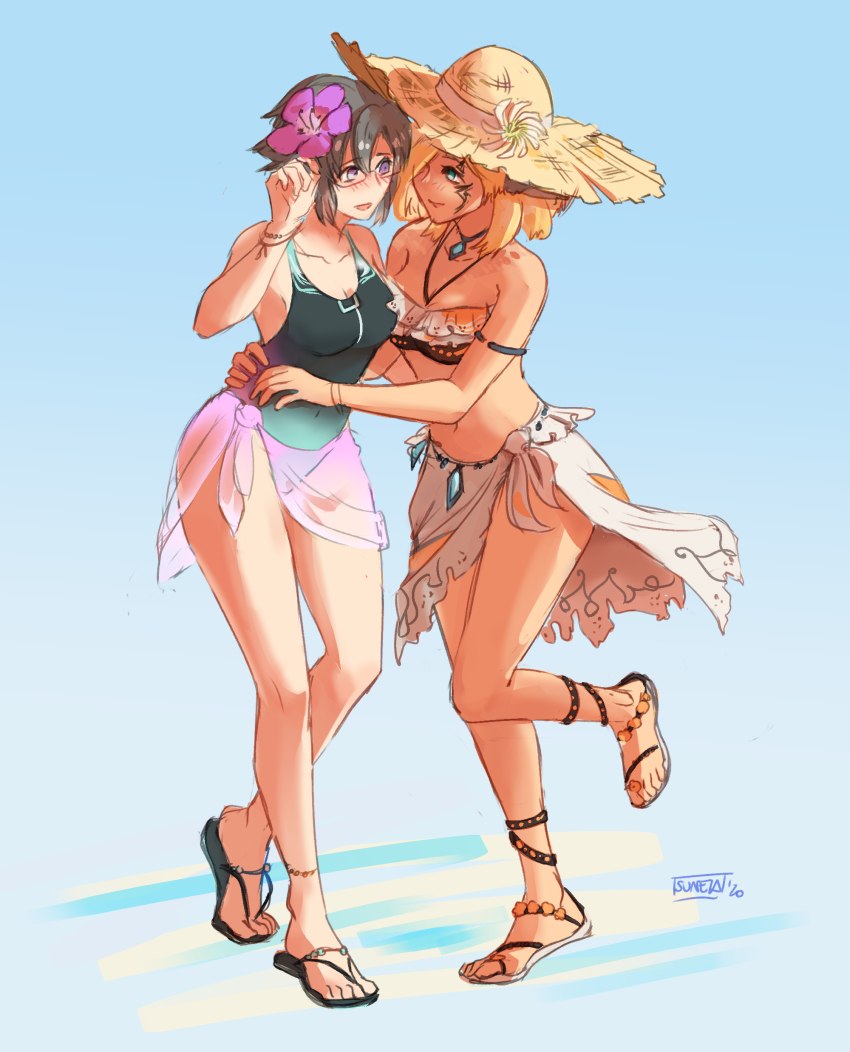 2girls, absurdres, bikini, blush, breasts, celica_(xenoblade_x), cross_(xenoblade_x), facial_mark, flip-flops, flower, glasses, green_one-piece_swimsuit, hair_flower, hair_ornament, hat, highres, medium_breasts, multiple_girls, navel, nintendo, one-piece_swimsuit, purple_eyes, sandals, sarong, signature, sun_hat, suneiaaa, swimsuit, xenoblade_chronicles_(series), xenoblade_chronicles_x, yuri