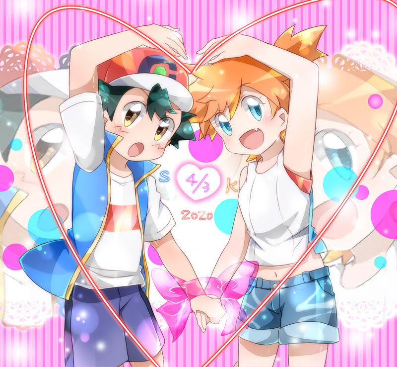 ash_ketchum, baseball_cap, black_hair, blue_eyes, blue_jacket, hat, heart, holding_hands, jacket, midriff, misty_(pokemon), miu_(chuyu825), nintendo, orange_hair, pokemon, pokemon_(anime), pokemon_journeys, pokemon:_let's_go_pikachu!_and_let's_go_eevee!, red_headwear, shirt, short_pants, white_shirt, yellow_eyes