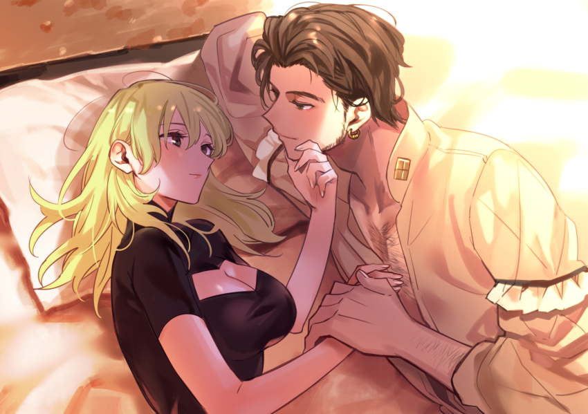 1boy, 1girl, beard, bed, black_shirt, blue_eyes, breasts, brown_hair, female_byleth_(awakened)_(fire_emblem), female_byleth_(fire_emblem), chest_hair, claude_von_riegan, claude_von_riegan_(timeskip), cleavage, cleavage_cutout, closed_mouth, clothing_cutout, commentary, couple, dark_skin, day, earrings, eyelashes, face-to-face, facial_hair, fire_emblem, fire_emblem:_three_houses, green_eyes, green_hair, hand_on_another's_chin, hetero, highres, holding_hands, indoors, jewelry, large_breasts, lips, long_hair, lying, nintendo, on_side, open_clothes, open_shirt, pillow, shirt, shiya_(mizushibuki), short_hair, short_sleeves, sideburns, smile, stubble, sunlight, taut_clothes, taut_shirt, upper_body, yellow_shirt