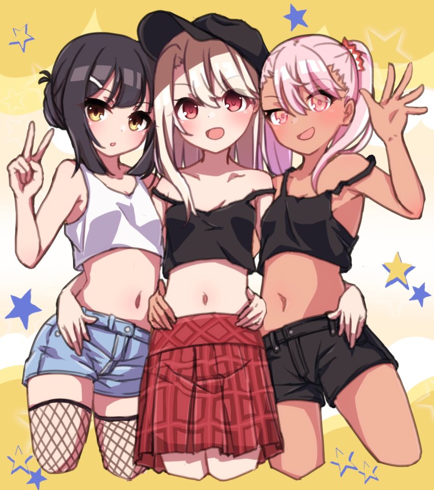 3girls, bare_shoulders, baseball_cap, black_hair, black_headwear, black_shorts, black_tank_top, blue_shorts, blush, breasts, chawan_(yultutari), chloe_von_einzbern, chloe_von_einzbern_(medicos), collarbone, crop_top, cropped_legs, dark-skinned_female, dark_skin, fate/kaleid_liner_prisma_illya, fate_(series), fishnet_legwear, fishnets, girl_sandwich, hair_bun, hair_ornament, hairclip, hand_on_another's_hip, hat, highres, illyasviel_von_einzbern, illyasviel_von_einzbern_(medicos), long_hair, looking_at_viewer, midriff, miyu_edelfelt, miyu_edelfelt_(medicos), multiple_girls, navel, open_mouth, orange_eyes, pink_hair, red_eyes, red_skirt, sandwiched, short_shorts, shorts, sidelocks, single_hair_bun, skirt, small_breasts, smile, star_(symbol), strap_slip, tank_top, thighhighs, thighs, twintails, two-tone_background, v, waving, white_background, white_hair, white_tank_top, yellow_background, yellow_eyes