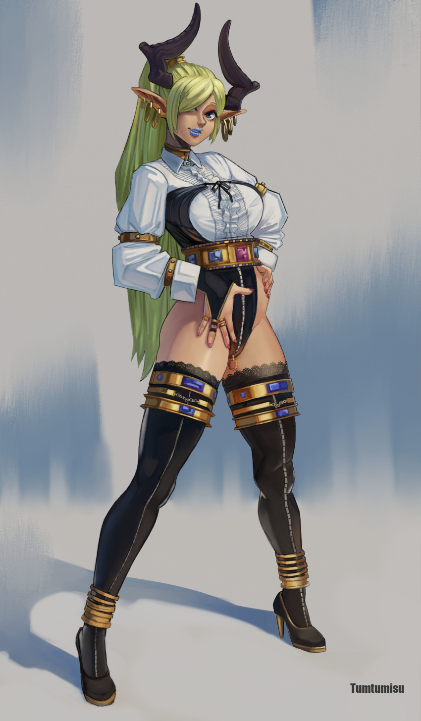 1girl, absurdres, anklet, armlet, black_footwear, black_gloves, black_horns, black_leotard, black_thighhighs, blue_eyes, blue_lips, bracelet, breasts, bridal_gauntlets, choker, dress_shirt, earrings, female_focus, frilled_shirt_collar, frilled_thigh_strap, frills, full-length_zipper, full_body, gloves, green_hair, hair_over_one_eye, hand_on_own_hip, high_heels, highleg, highleg_leotard, highres, hoop_earrings, horns, jewelry, lace, lace-trimmed_legwear, lace_trim, large_breasts, leotard, lipstick, long_hair, long_pointy_ears, makeup, neru_(tumtumisu), no_pants, original, pointy_ears, ring, shirt, solo, standing, thigh_strap, thighhighs, tumtumisu, very_long_hair, zipper, zipper_legwear, zipper_leotard, zipper_pull_tab