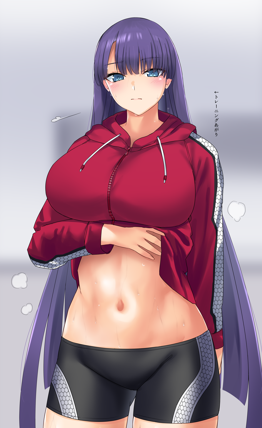 1girl, black_shorts, blue_eyes, blunt_bangs, blush, breasts, closed_mouth, clothes_lift