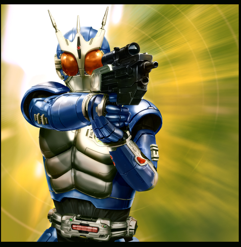 1boy, armor, bad_id, bad_pixiv_id, belt, gun, horns, kamen_rider