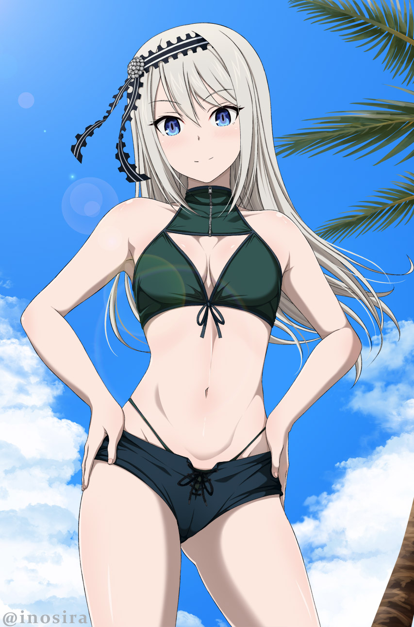 1girl, bikini, bikini_under_clothes, blue_eyes, blue_sky, blush, clothing_request, cloud