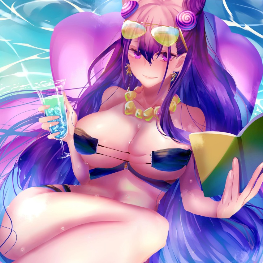 1girl, aviator_sunglasses, bare_shoulders, bikini, black_bikini, blush, book, breasts