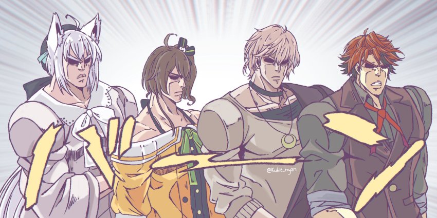 4girls, animal_ears, brown_hair, derivative_work, fox_ears, highres, hololive, holostars, jojo_no_kimyou_na_bouken, kukie-nyan, let's_hit_the_road_(jojo), light_brown_hair, meme, multiple_girls, muscular, natsuiro_matsuri, natsuiro_matsuri_(1st_costume), orange_hair, parody, rikka_(1st_costume)_(holostars), rikka_(holostars), scene_reference, shaded_face, shirakami_fubuki, shirakami_fubuki_(street), stardust_crusaders, style_parody, virtual_youtuber, white_hair, yukoku_roberu