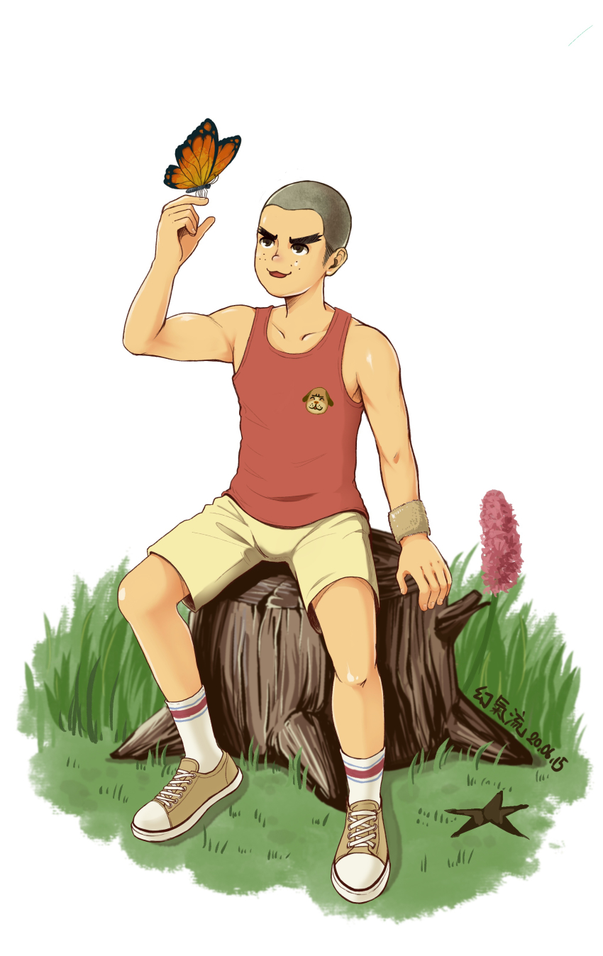 1boy, absurdres, animal_crossing, artist_name, bracelet, bug, butterfly, dated