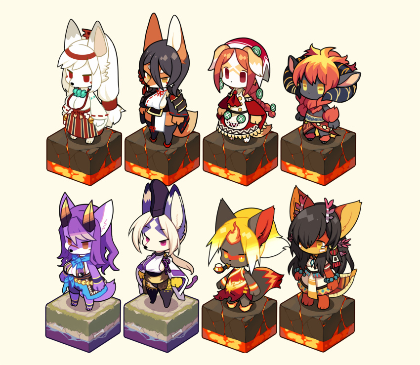 2boys, 6+girls, animal_ears, animal_nose, barefoot, beige_background, beige_fur, black_fur, black_hair, black_legwear, body_fur, bright_pupils, chantico_(fullbokko_heroes), character_request, commentary_request, fox, fox_ears, fox_girl, fox_tail, fullbokko_heroes, furry, goat_eyes, highres, horns, kishibe, long_hair, multiple_boys, multiple_girls, nue_(fullbokko_heroes), ooguchi_no_magami_(fullbokko_heroes), orange_eyes, orange_fur, purple_eyes, purple_fur, red_eyes, sheep_horns, short_hair, simple_background, snout, standing, tail, thighhighs, two-tone_fur, white_fur, white_hair, white_pupils, yellow_eyes, yellow_fur