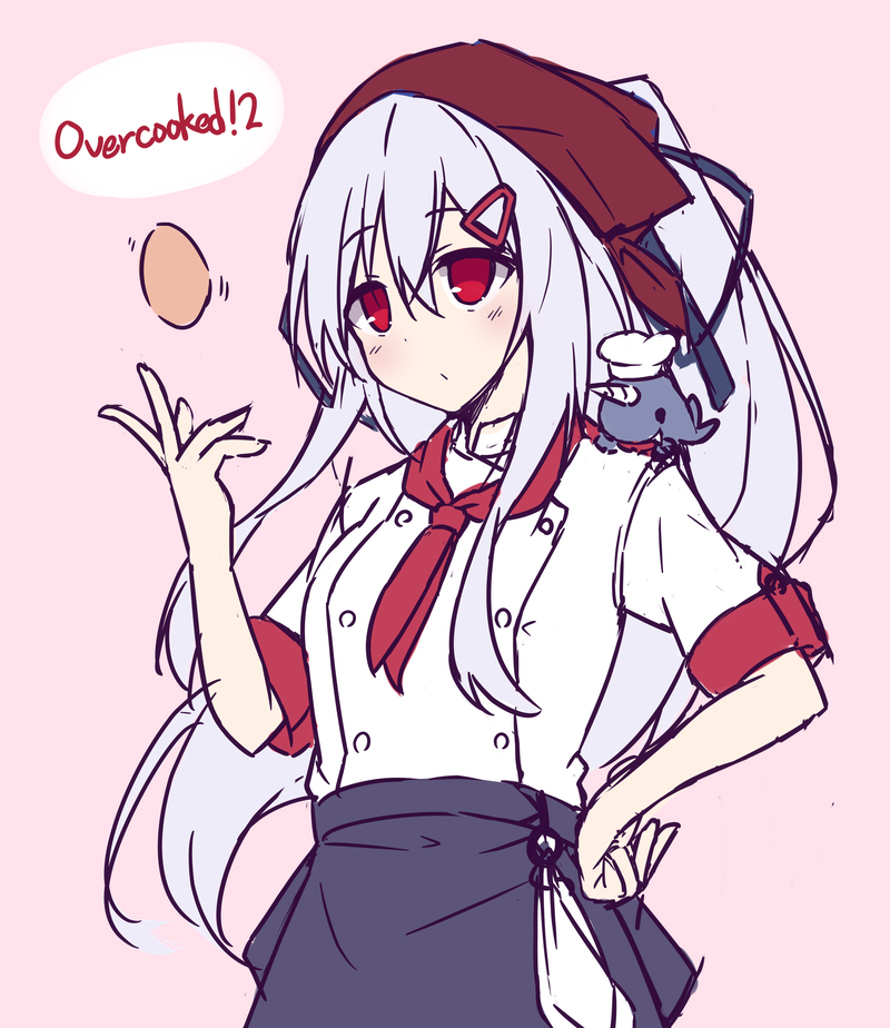 1girl, apron, black_apron, black_ribbon, blush, chef_hat, closed_mouth, egg