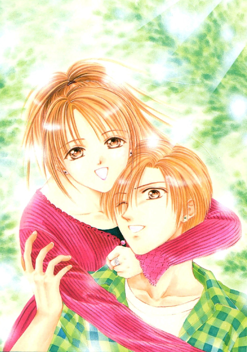 ayashi_no_ceres, blonde_hair, earrings, highres, hug, jewelry, mikage_aki_(ayashi_no_ceres), mikage_aya